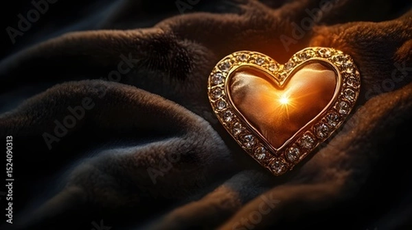 Fototapeta A heart-shaped piece of jewelry placed on a velvet fabric with a soft light creating a warm glow