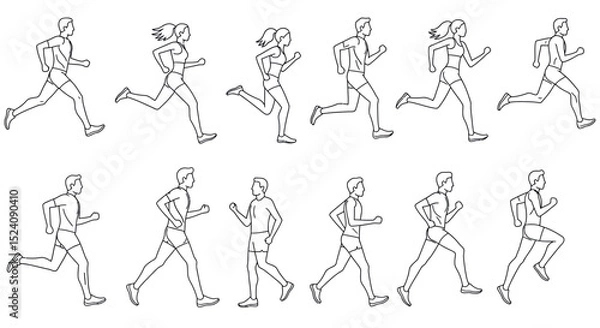 Fototapeta Line art of running male and female figures in athletic poses vector illustration