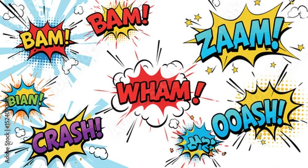 Fototapeta Colorful comic book sound effects with bam wham zaam crash graphics vector illustration