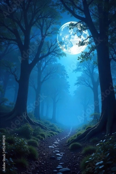 Fototapeta Enchanted forest clearing bathed in ethereal moonlight, ancient trees casting long shadows, mystical atmosphere, perfect for fantasy game backgrounds , nature, atmosphere, enchanted