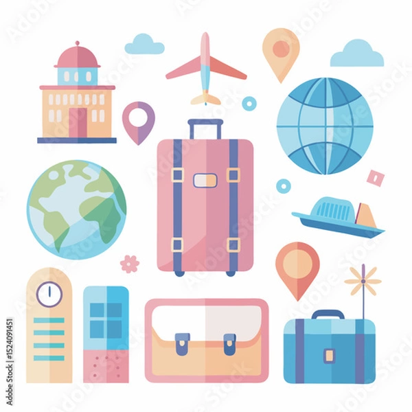 Fototapeta Globe and travel essentials flat vector pack 