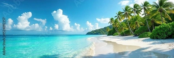 Fototapeta Lush green tropical island paradise with white sand beach, turquoise ocean, and swaying palm trees under a vibrant blue sky Perfect for relaxation and escape , nature, pacific, indian ocean