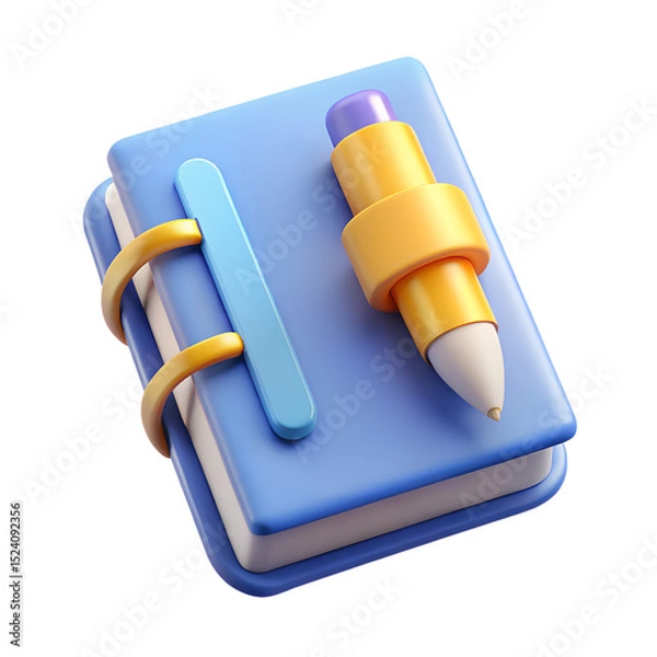 Fototapeta Notebook with Pencil 3d icon in cartoon plastic style minimal isolated on transparent white background