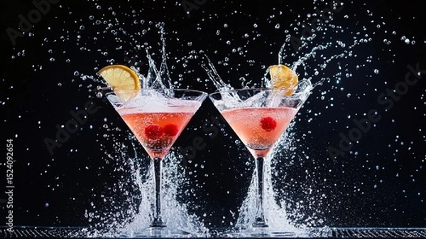 Fototapeta Refreshing cocktails splashing in elegant glasses, showcasing vibrant colors and dynamic movement, perfect for promotions, events, or holiday celebrations with flair!