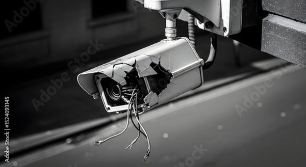 Obraz Broken security camera with exposed wires hanging down in a monochrome setting outside