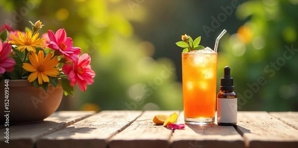 Fototapeta Sun-drenched patio with vibrant summer flowers, a refreshing iced drink, and a homeopathic remedy bottle subtly placed nearby, evoking a sense of calm and natural well-being , healing, lemonade
