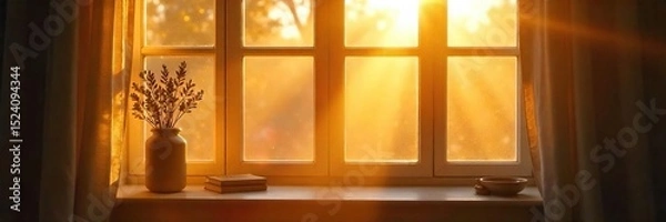 Fototapeta Golden hour sunlight streams through a window, illuminating dust motes dancing in the warm, lazy rays of a Sunday morning Perfect for relaxation and peaceful vibes , stillness, cozy, natural light