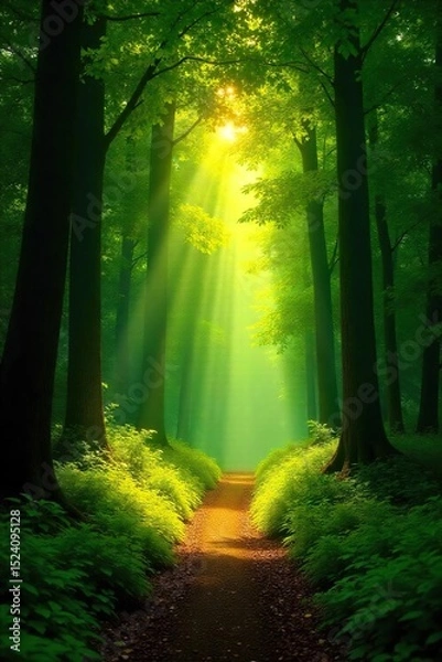Fototapeta Golden sunlight streams through lush green canopy in a vibrant summer forest, illuminating a path winding through towering trees Perfect for travel, nature, and environmental themes , roots, trail