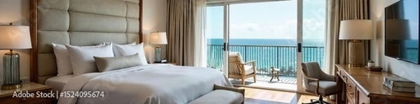 Fototapeta Luxury nautical-themed hotel suite with ocean view, featuring nautical decor, rope accents, and a comfortable seating area Perfect for a relaxing getaway , anchor, blue