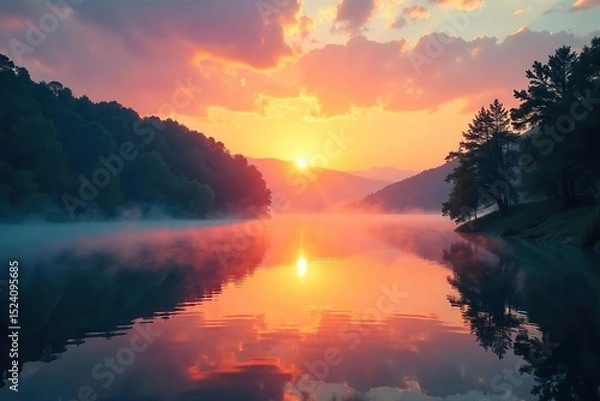Fototapeta Serene sunrise over a tranquil lake, mist rising, conveying peace and inner reflection, perfect for a spirituality book cover , quietude, reflection, relaxation