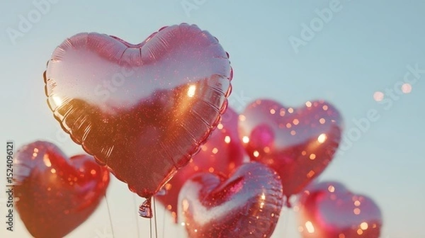 Fototapeta A close-up of heart-shaped balloons gently swaying in the wind against a clear sky