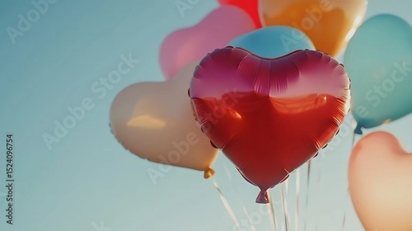 Fototapeta A close-up of heart-shaped balloons gently swaying in the wind against a clear sky
