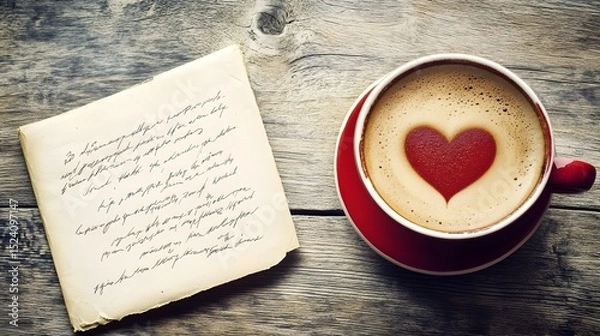 Fototapeta A cup of coffee with heart-shaped foam art resting on a wooden table beside a love letter