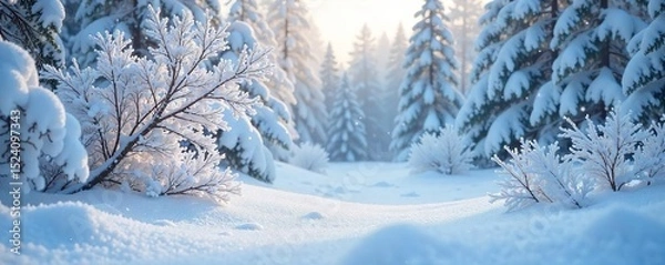 Fototapeta Frozen landscape blanketed in pristine snow, ice crystals clinging to branches, a tranquil winter scene Perfect for winter wonderland, holiday, and seasonal themes , environment, texture