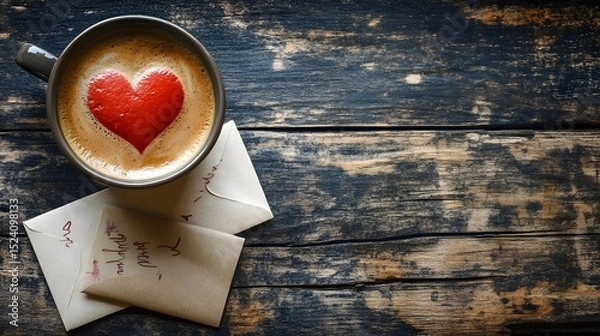 Fototapeta A cup of coffee with heart-shaped foam art resting on a wooden table beside a love letter