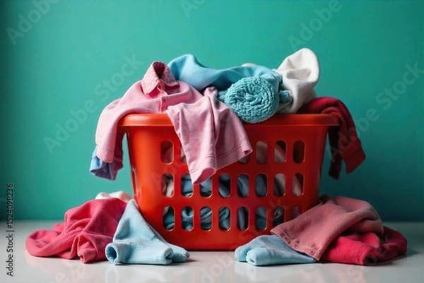 Fototapeta Overflowing laundry basket overflowing with wrinkled clothes, socks, and shirts, needing urgent washing A scene of domestic chaos and untidiness , color, clothes