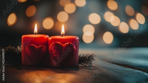 Fototapeta Two red heart-shaped candles glowing warmly on a table with soft light in the background