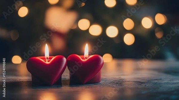 Fototapeta Two red heart-shaped candles glowing warmly on a table with soft light in the background