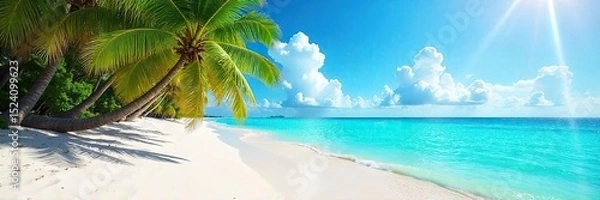 Fototapeta Sun-drenched beach scene with vibrant turquoise water, palm trees swaying gently in the breeze, and soft white sand Perfect for summer vacation imagery , travel, coast