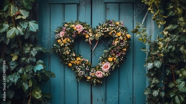 Fototapeta A heart-shaped wreath hanging on a door surrounded by soft greenery and flowers