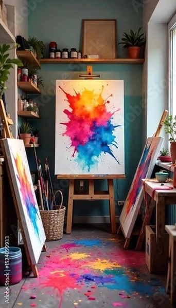 Fototapeta A vibrant studio filled with colorful paints, brushes, canvases, and art supplies Ready for creative expression and artistic exploration A joyful explosion of color , painting, modern, acrylic