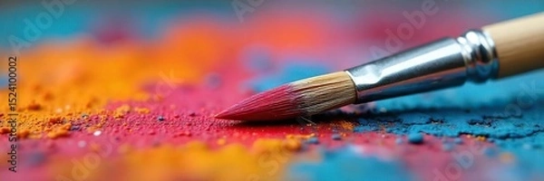 Fototapeta Close-up view of a paintbrush resting on a painter's palette, ready for the next stroke of vibrant color The bristles are soft and the paint is richly textured , color palette, detail