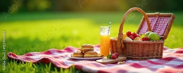 Fototapeta A cozy blanket spread out on a grassy field, alongside a wicker picnic basket overflowing with delicious treats and refreshing drinks, ready for a relaxing outdoor meal , fresh food, dessert, autumn