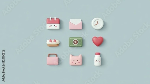 Obraz Cute Kawaii App Icons  Pastel 3D Design  Phone UI Elements