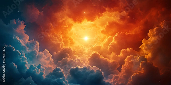 Fototapeta Dramatic sky view of glowing starburst with clouds orange and blue hues celestial scene heavenly light abstract background digital artwork atmospheric effect beautiful