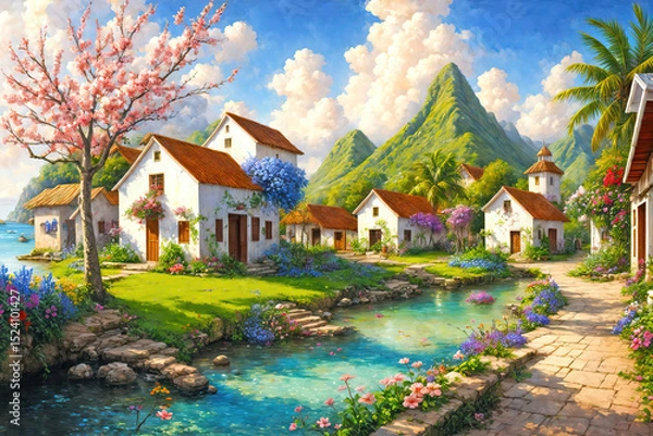 Fototapeta Small town on the Mediterranean Sea with flowers and mountains in the background, oil painting illustration.