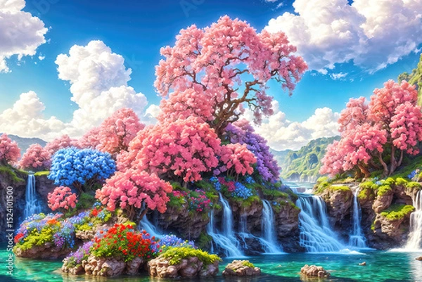 Fototapeta A beautiful paradise land full of flowers,  sakura trees, rivers and waterfalls, a blooming and magical idyllic Eden garden
