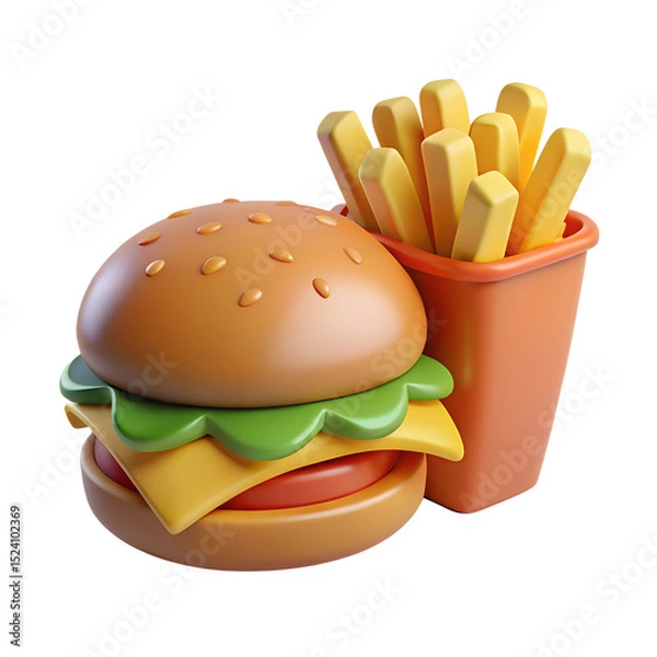 Fototapeta Hamburger Food 3d icon in cartoon plastic style minimal isolated on transparent white background