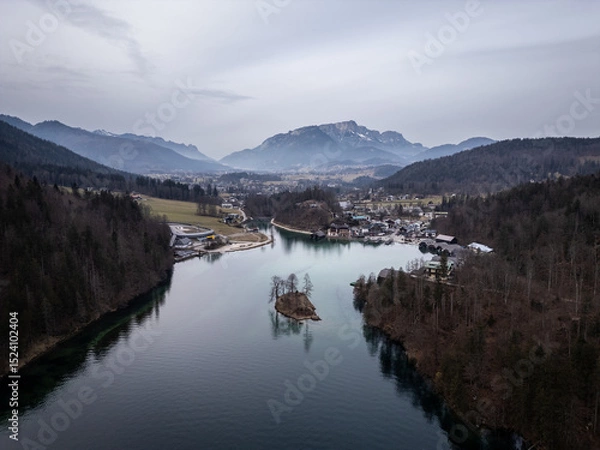 Fototapeta Konigsee, Germany: Dramatic aerial view of the Konigsee, the King's lake, in the Bavarian alps in Berchtesgaden in Germany on a cloudy winter day