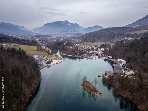 Fototapeta Konigsee, Germany: Dramatic aerial view of the Konigsee, the King's lake, in the Bavarian alps in Berchtesgaden in Germany on a cloudy winter day
