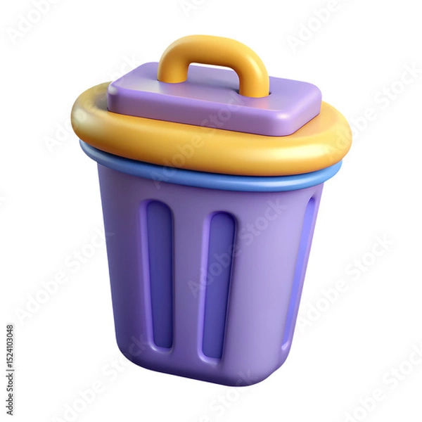 Fototapeta Purple Trash Can 3d icon in cartoon plastic style minimal isolated on transparent white background