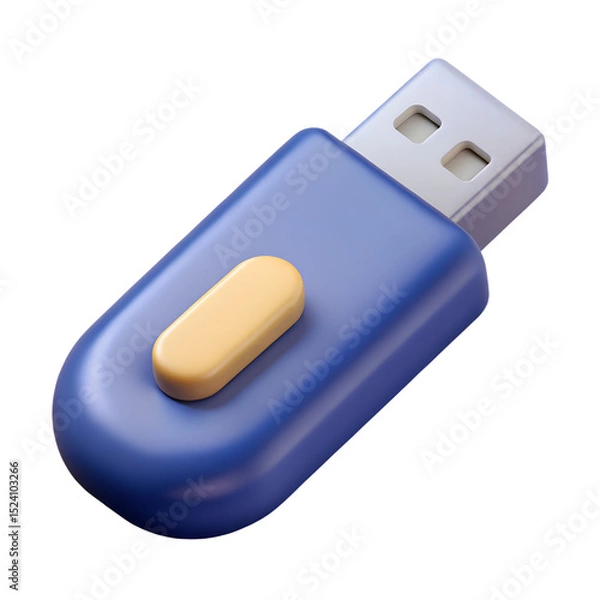 Fototapeta Blue USB Drive 3d icon in cartoon plastic style minimal isolated on transparent white background