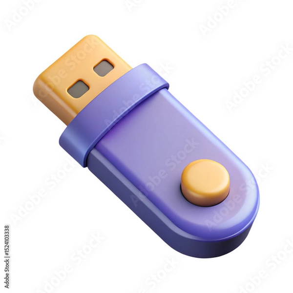 Fototapeta Purple USB Drive 3d icon in cartoon plastic style minimal isolated on transparent white background