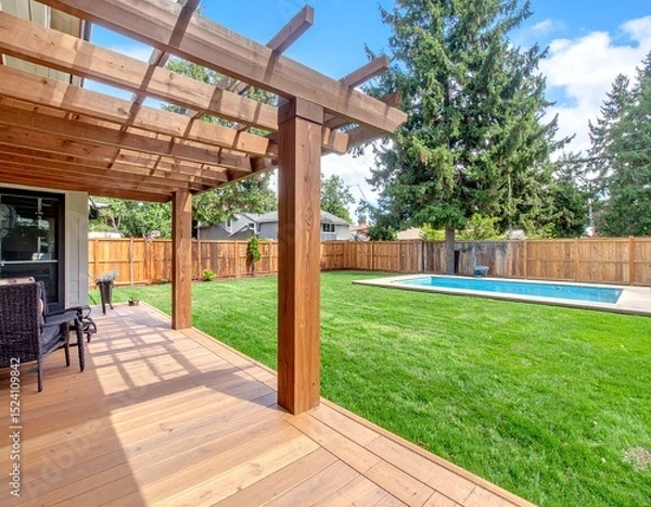 Obraz Backyard with wooden pergola, patio, and pool