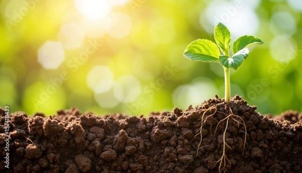 Fototapeta Young plant emerging from soil under sunlight in a green environment, plant root system in soil 