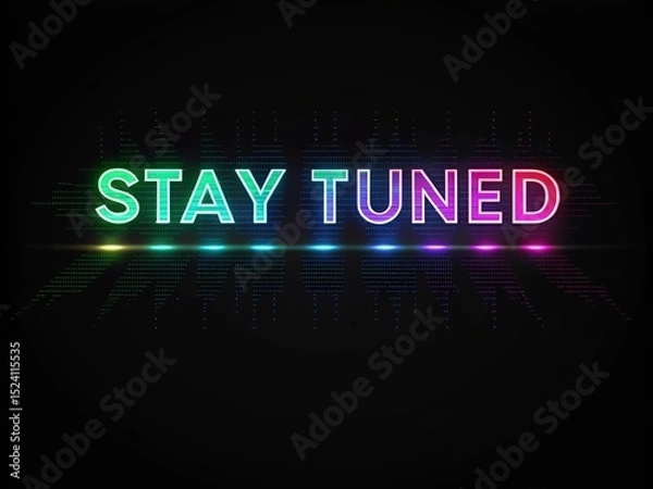 Fototapeta Futuristic Glitch Text Effect "Stay Tuned" with Neon Colors on Dark Background

