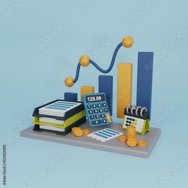 Fototapeta 3D workplace of an accountant, economist. Work with documentation, payroll calculation. Calendar, calculator, paper tray. 3D rendering.