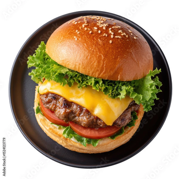 Obraz Juicy Beef Burger with Melted Cheese, Fresh Lettuce, and Tomato on a Golden Toasted Bun Viewed from Above