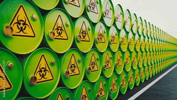 Obraz Stacked Green Barrels with Biohazard Signs Warning of Hazardous Waste