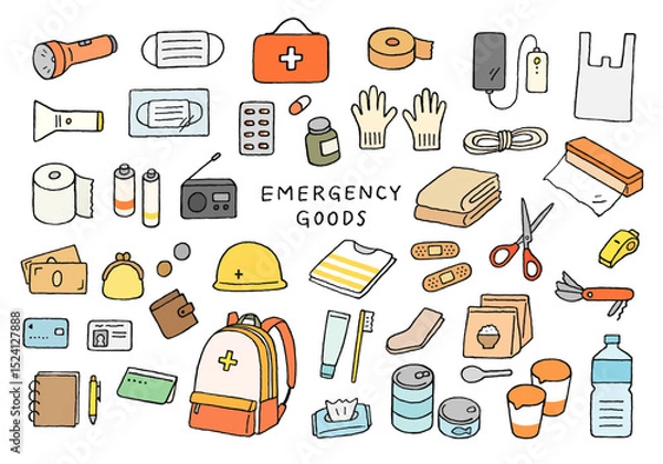 Obraz 防災グッズの手描きイラストセット