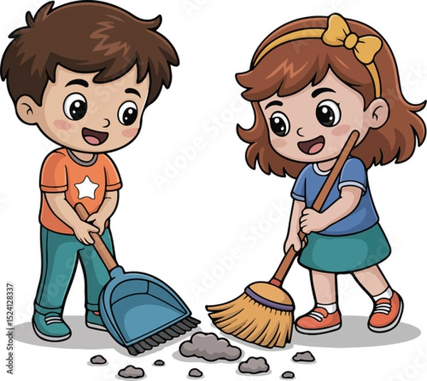 Obraz Children helping to clean with a broom and dustpan