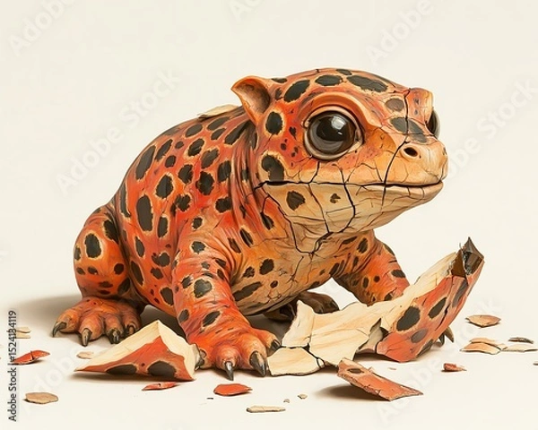 Fototapeta This imaginative creature features bright orange and black spots, captivating eyes, and a playful demeanor, nestled among its shell fragments.