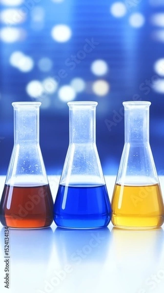 Fototapeta Three laboratory glass flasks containing different colored liquids, set against a blurred blue background, symbolizing scientific research and experimentation.
