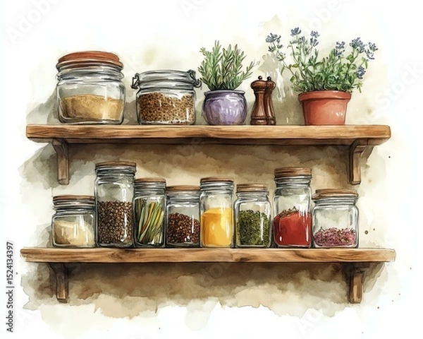 Fototapeta A rustic wooden shelf displaying various glass jars filled with spices and herbs, adorned with potted plants for a touch of nature's beauty.