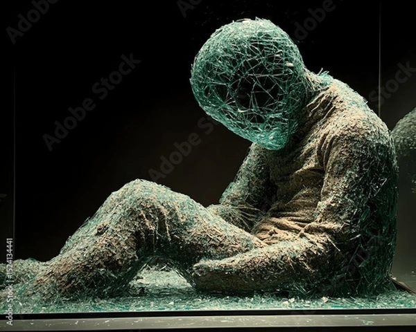 Fototapeta A striking art piece depicting a figure encased in a web of connections, symbolizing the complexity of human emotions and mental states.