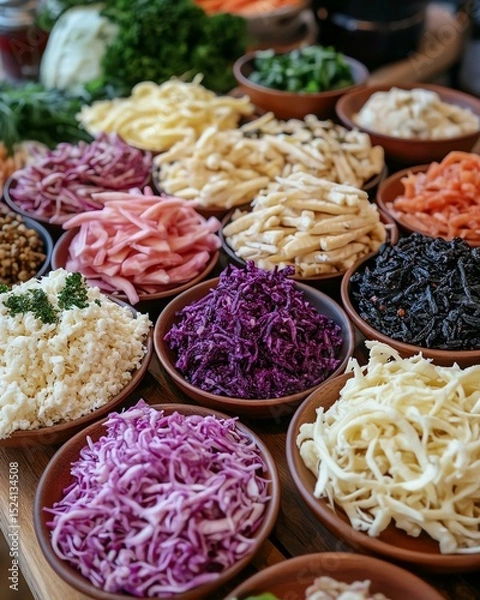 Fototapeta A vibrant array of colorful vegetables displayed in bowls, showcasing fresh ingredients ideal for salads and healthy meals.
